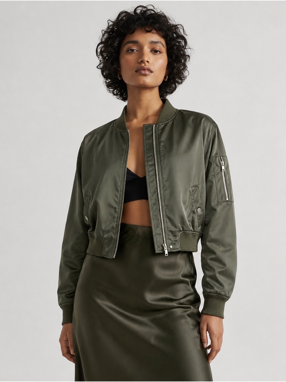 Love Tree Olive Green Cropped Bomber Jacket Size Small